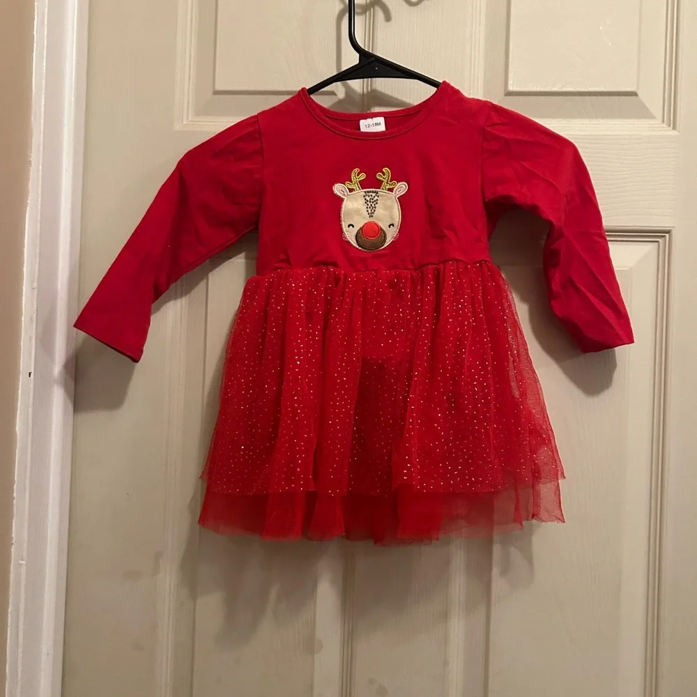 Festive Red long sleeve Tutu Dress with Reindeer Design - size 12-18 months